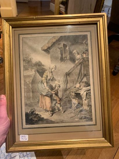 Two aquatints representing scenes of peasant...