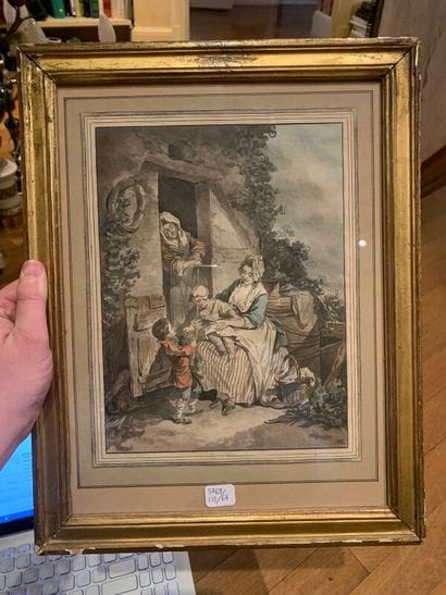 Two aquatints representing scenes of peasant...
