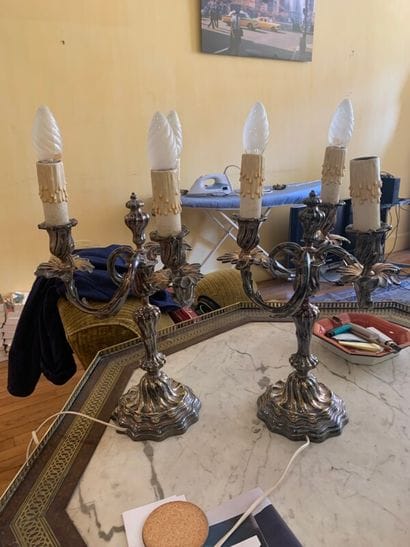 Pair of candelabras with three arms of moved...