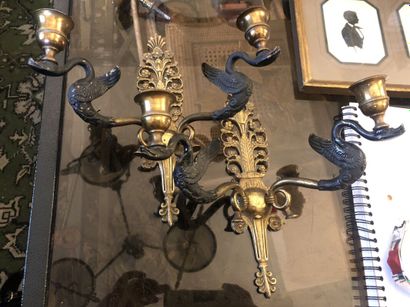 Paire d'appliques aux cygnes en bronze doré...