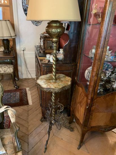 Gilded brass tripod floor lamp, onyx top,...