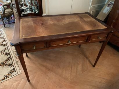 Mahogany veneered desk opening with three...