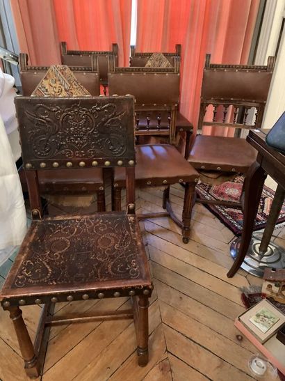 Set of six leather upholstered chairs with...