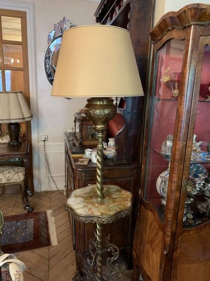 Gilded brass tripod floor lamp, onyx top,...