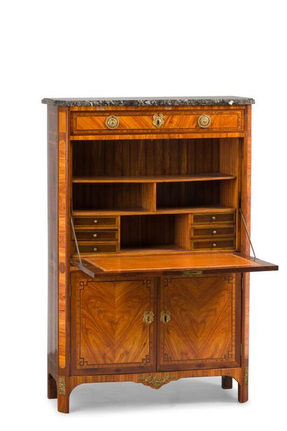 Straight desk in veneered wood, inlaid with...