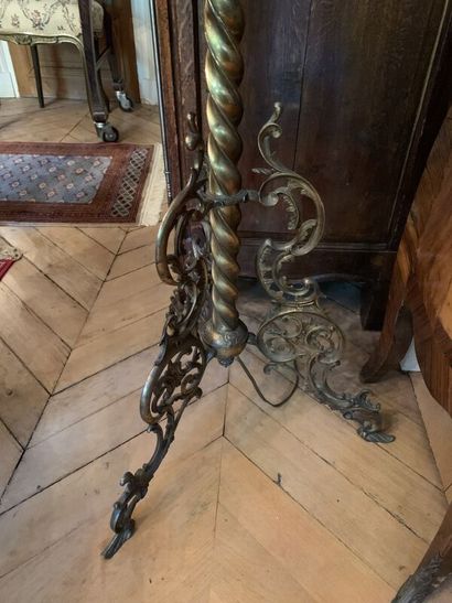 Gilded brass tripod floor lamp, onyx top,...