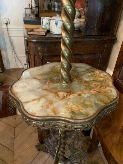 Gilded brass tripod floor lamp, onyx top,...