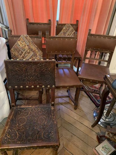 Set of six leather upholstered chairs with...