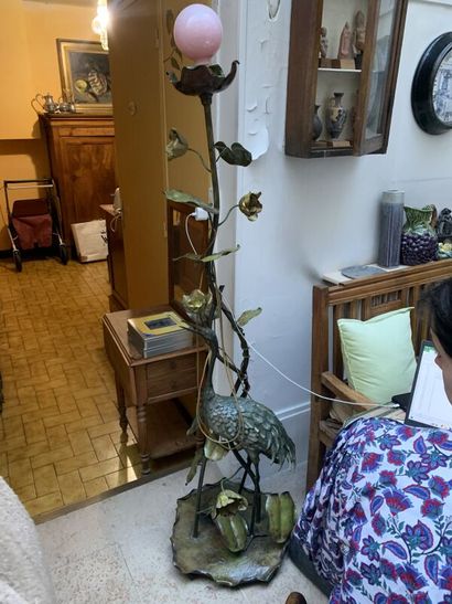 Painted metal floor lamp with heron and water...