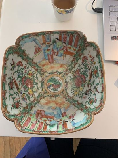 Large polychrome enameled porcelain four-lobed...