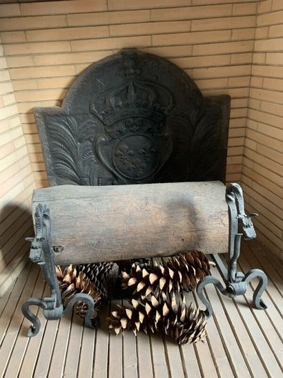 Cast iron curved fireback, adorned with fleur-de-lys,...