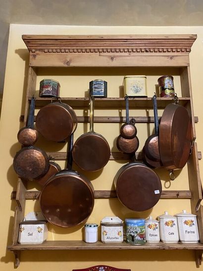 Series of copper frying pans, saucepans and...