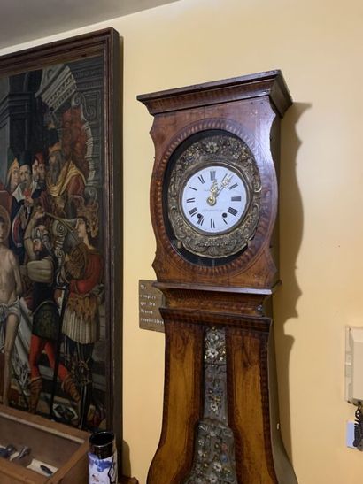 Stained wood floor clock, polychrome repoussé...