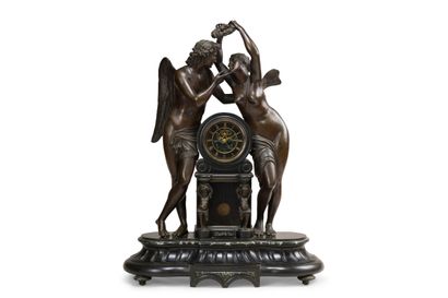 Large bronze clock with brown patina and...