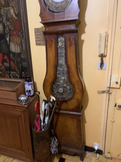 Stained wood floor clock, polychrome repoussé...