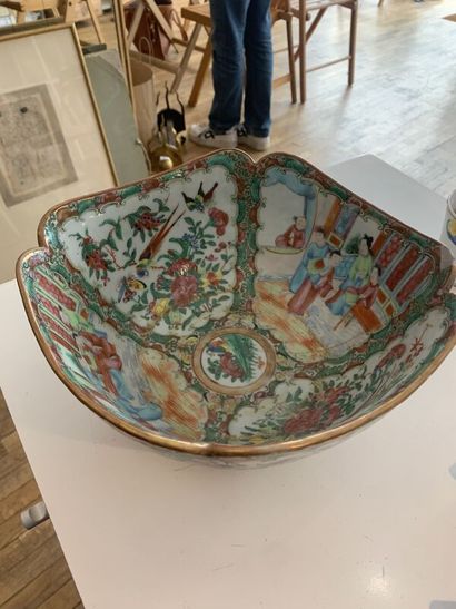 Large polychrome enameled porcelain four-lobed...