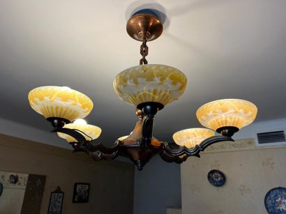 Art deco copper chandelier with 6 glass ...