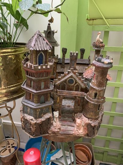 Model of a fortified castle in polychrome...