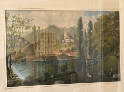 Shepherdess by the River, 
Watercolor, signed...