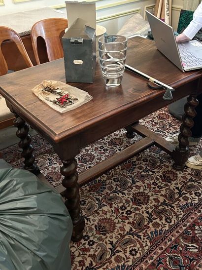 Small rustic flat desk in natural wood, H-shaped...