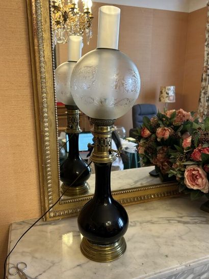 Pair of black porcelain oil lamps