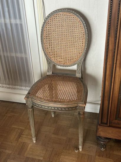 Pair of medallion chairs in grey reupholstered...
