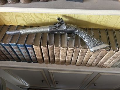 Large wooden flintlock pistol, silver ? And...