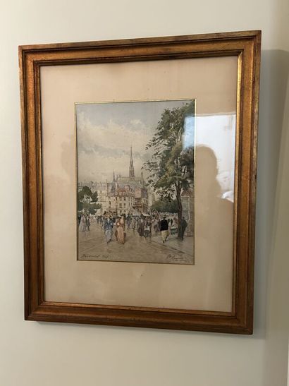 Henry Mouren ? 
Place St Michel animée, 
Watercolor...