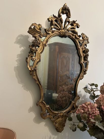 Gilded wood mirror in the shape of an escutcheon,...