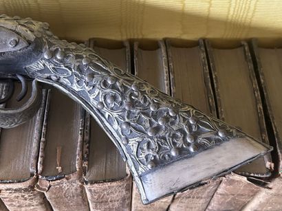 Large wooden flintlock pistol, silver ? And...