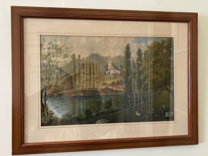Shepherdess by the River, 
Watercolor, signed...