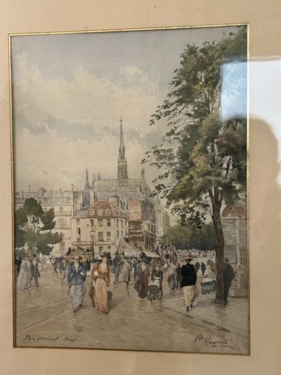 Henry Mouren ? 
Place St Michel animée, 
Watercolor...