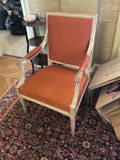 Pair of flat-back armchairs in cream relacquered...