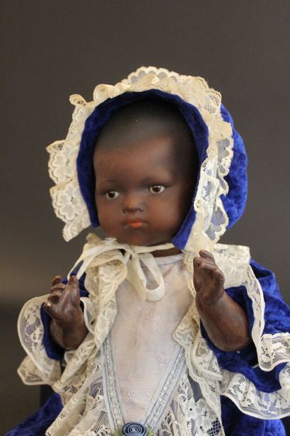 Black German doll, engraved AM (Armand Marseille),...
