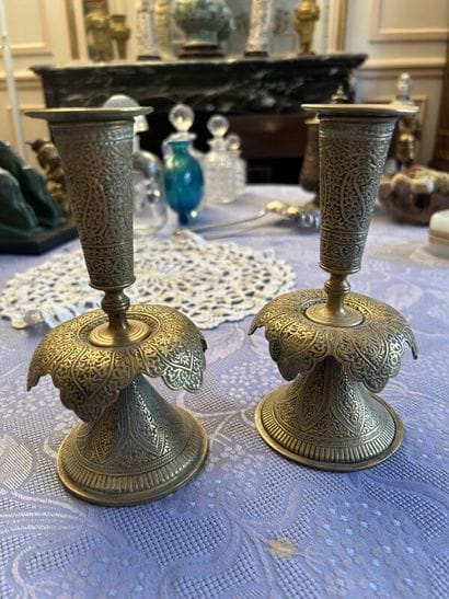Pair of small Orientalist candlesticks in...