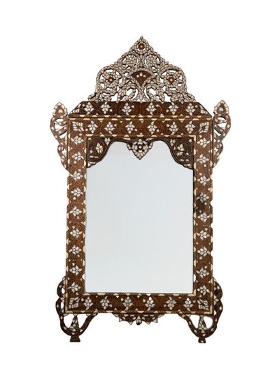 Pair of walnut mirrors inlaid with mother-of-pearl...
