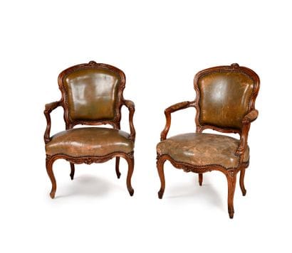 Pair of cabriolet armchairs in natural walnut,...