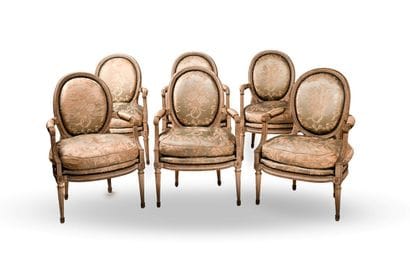 SET OF SIX CABRIOLET ARMCHAIRS with medallion-shaped...