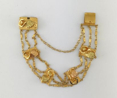 Bracelet of 3 rows of gold chains 750°/°°alternated...