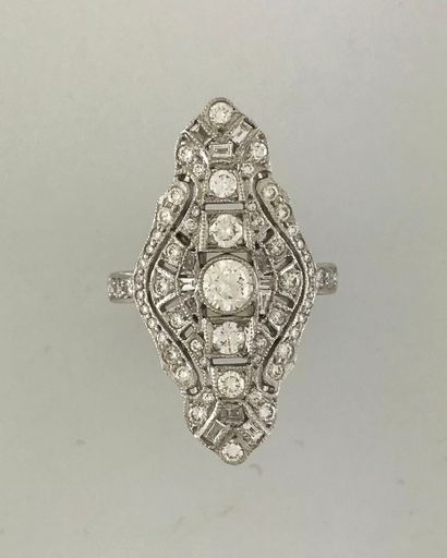 A white gold navette ring set with a diamond...
