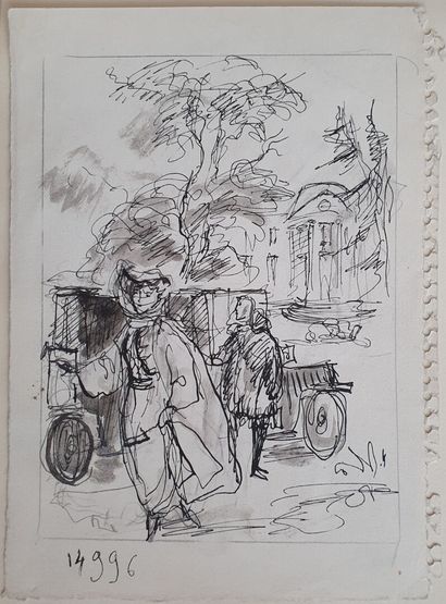 Philippe JULLIAN, L'arrivée en voiture, dessin
Philippe...
