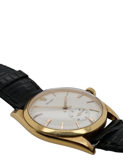 ROLEX
WATCH in gold (750‰) round bezel, cream...