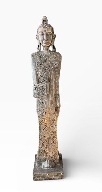 Grande statuette de Bouddha en bois et feuille...