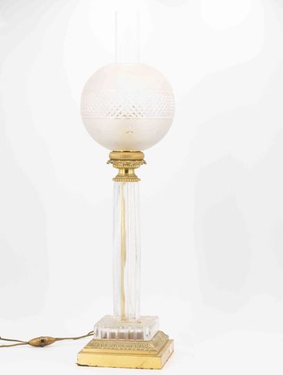 Gilt bronze and crystal oil lamp, square...