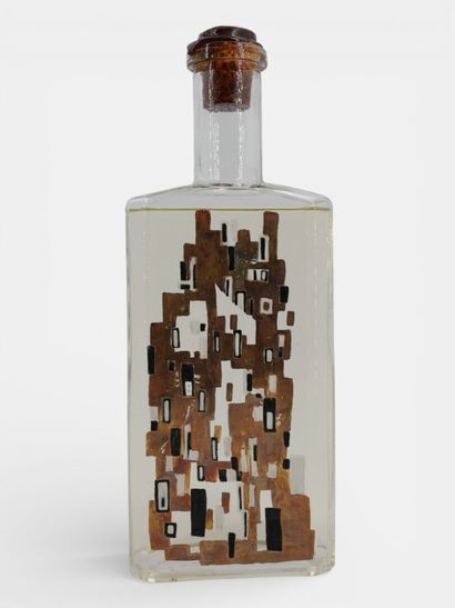 Rectangular-shaped spirit bottle with wax-closed...