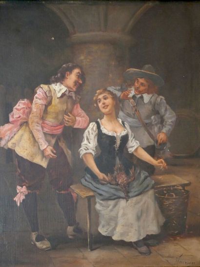 HENRION, XIXe siècle
Scène galante en cuisine
Huile...