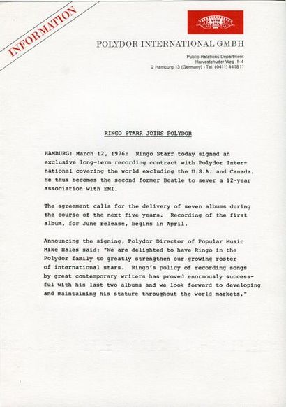 Ringo Starr joining Polydor press kit March...