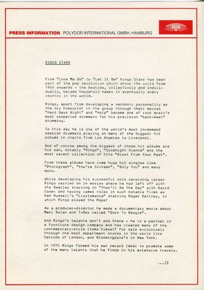 Ringo Starr joining Polydor press kit March...