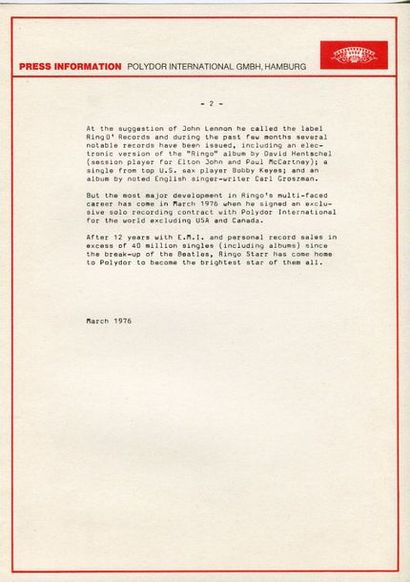 Ringo Starr joining Polydor press kit March...