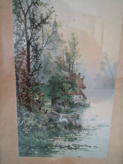 School XIXth 

River bank at the thatched...
